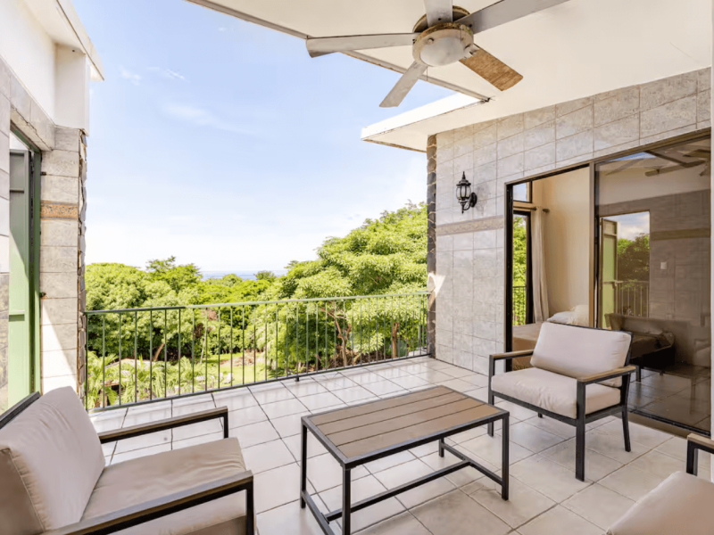 A stylish, sun-filled room with comfortable seating and beautiful views of the tropical landscape, a serene retreat for nature lovers.